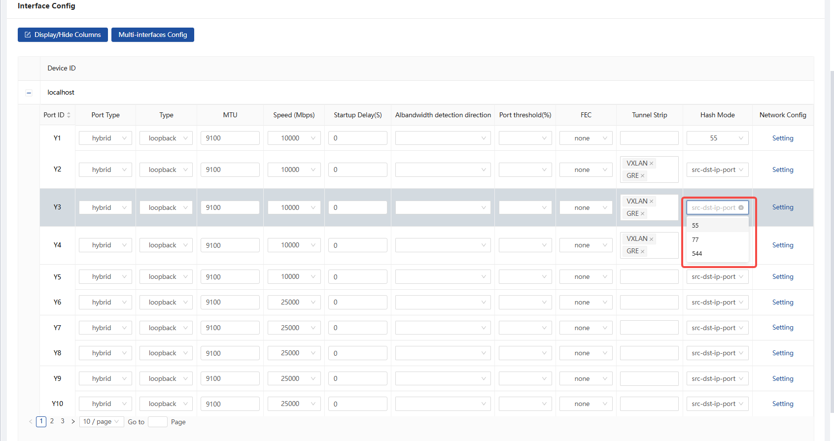 Update hash mode on the port configuration page